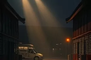 《渔港清晨五点》画面,泊位上亮着灯的渔船与绳索